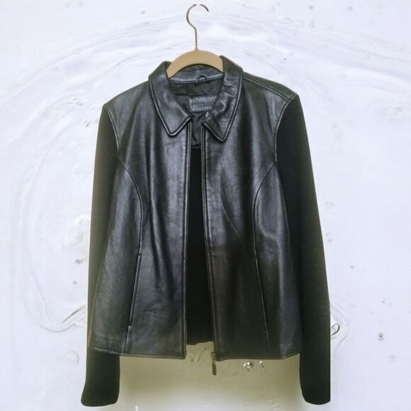 JACLYN SMITH CLASSIC Black LEATHER/Ribbed Sweater/JACKET Zip-up Long sleeve   M - Picture 13 of 15